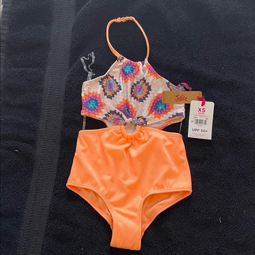 Justice Kids' Vibrant Orange and Multicolor one piece nwt upf 50